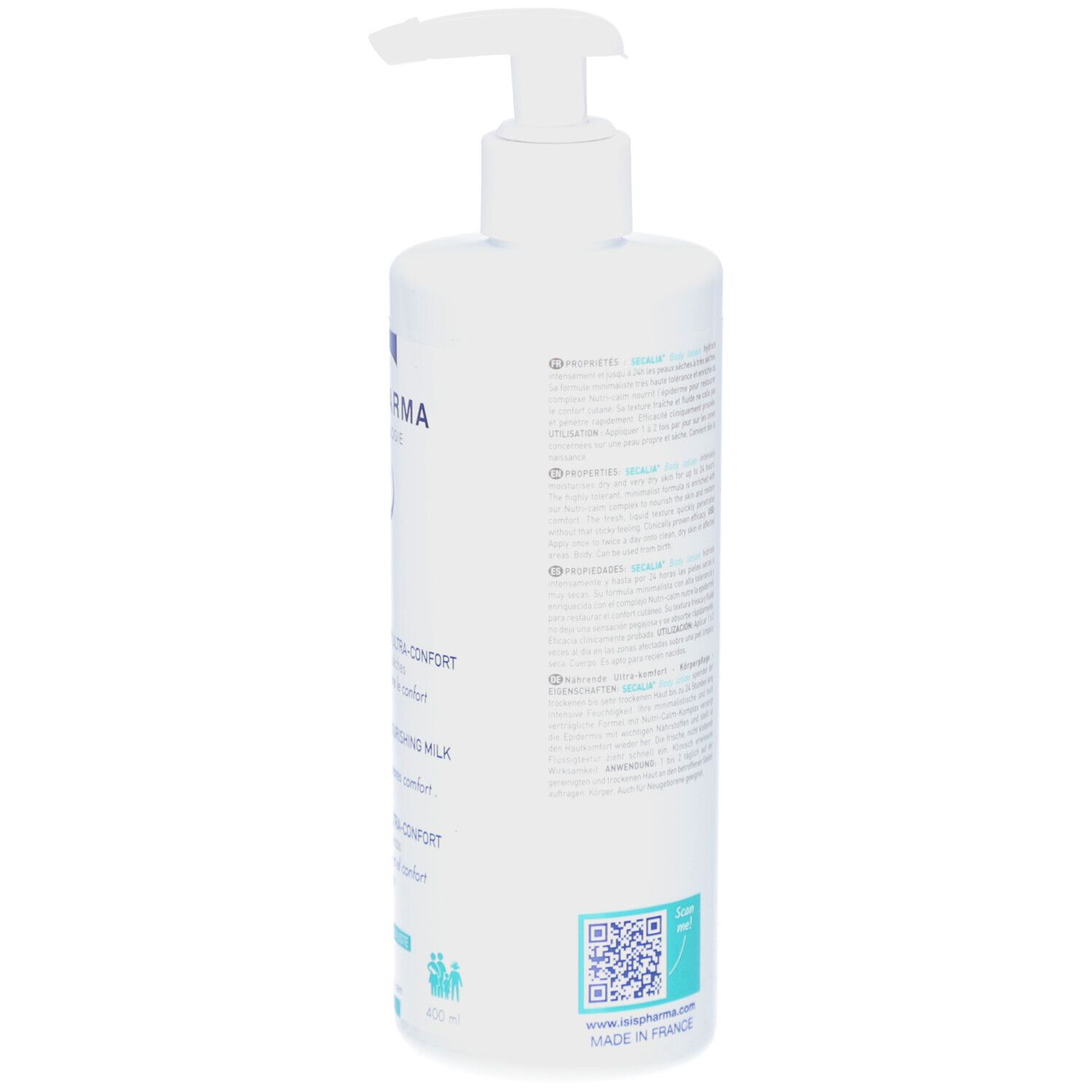Dos du flacon blanc ISISPHARMA Secalia Body Lotion. Texte et code QR. Fabriqué en France.