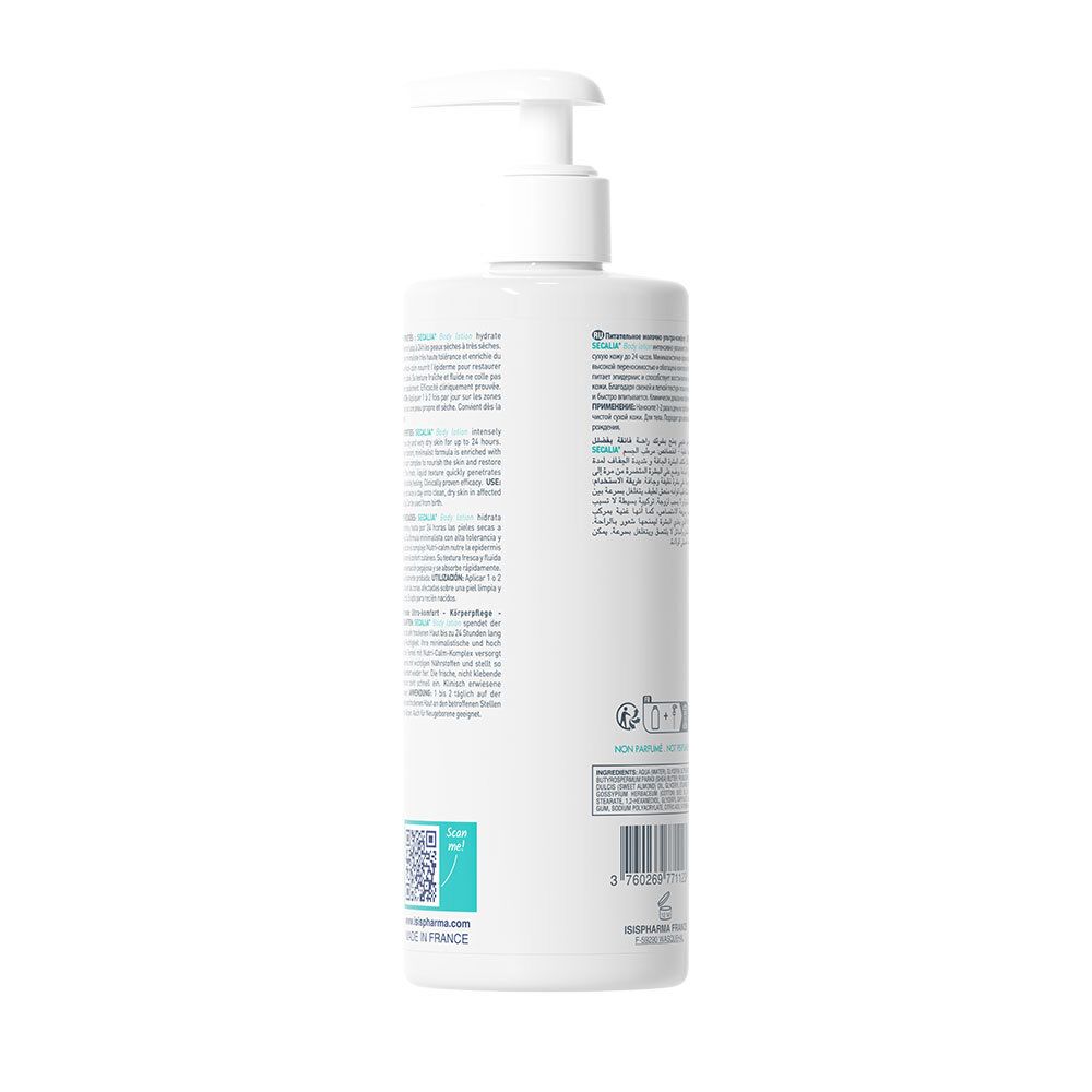 Dos du flacon blanc ISISPHARMA Secalia Body Lotion. Texte et code QR. Fabriqué en France.