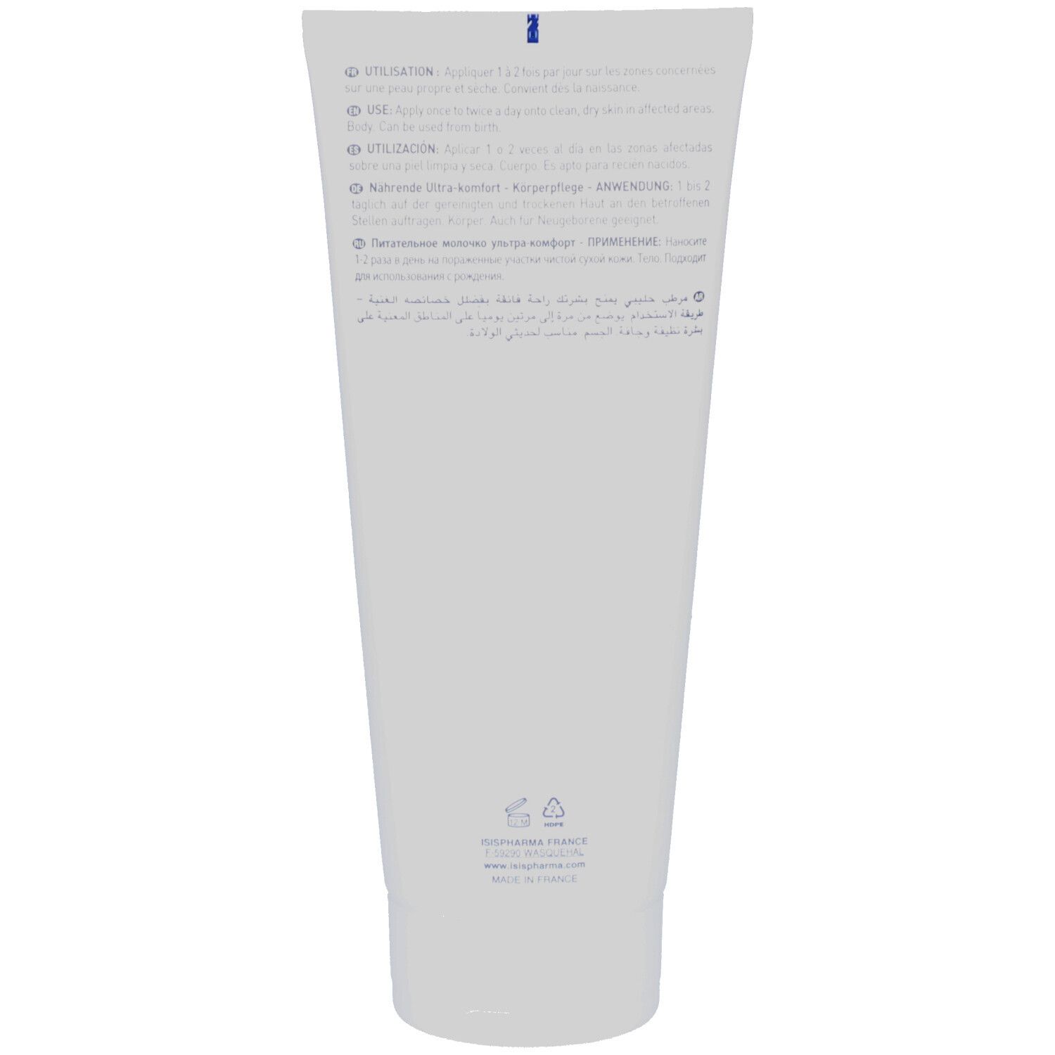 Dos d'un tube blanc. Texte multilingue, dont français, anglais et allemand. Fabriqué en France.