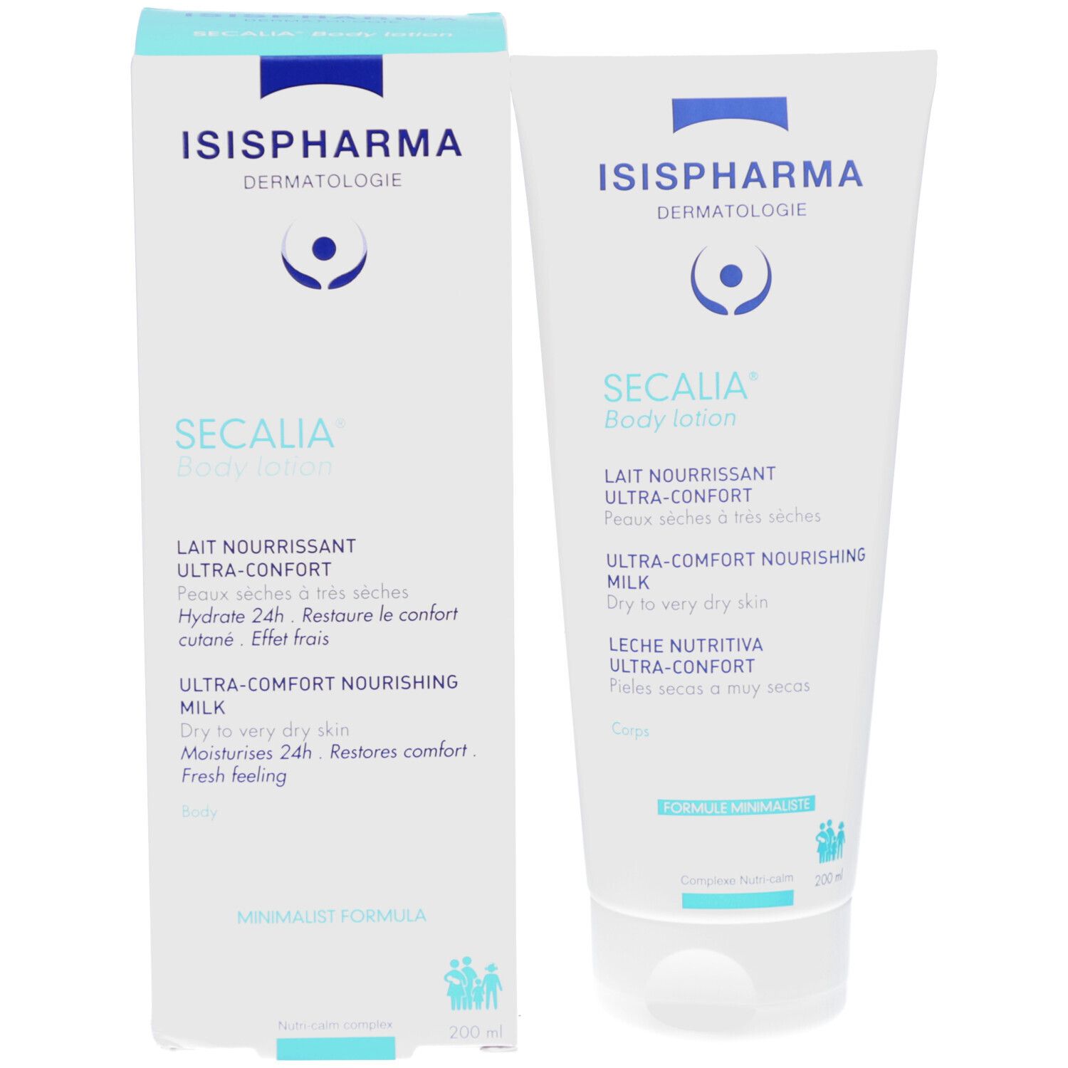 Emballage et tube. Emballage blanc avec logo ISISPHARMA et Secalia Body Lotion. Texte multilingue.