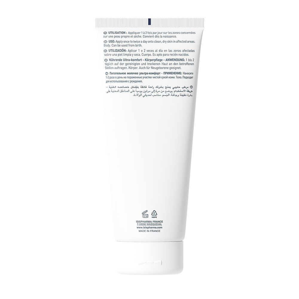 Dos d'un tube blanc. Texte multilingue, dont français, anglais et allemand. Fabriqué en France.