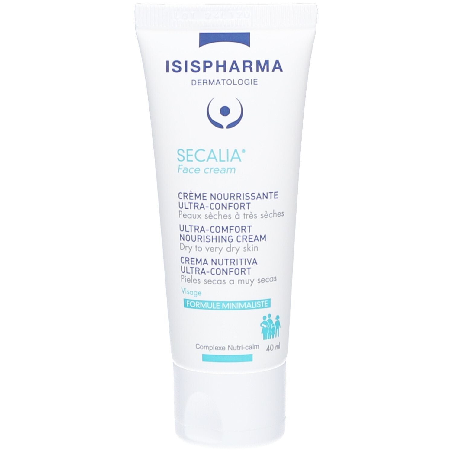 Tube blanc avec texte bleu. Logo ISISPHARMA. SECALIA Face cream. Crème pour peaux sèches à très sèches.