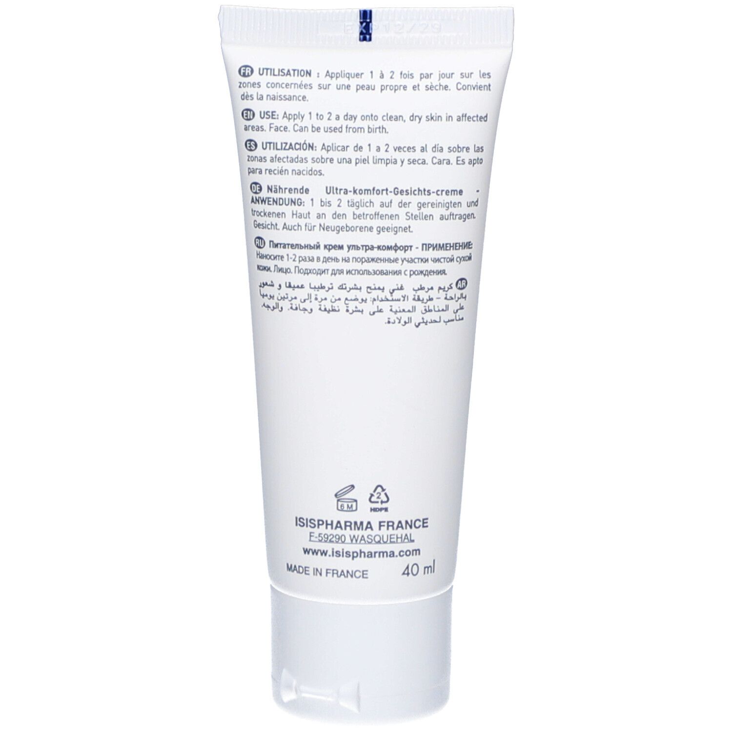 Dos du tube. Texte multilingue. ISISPHARMA FRANCE. 40 ml. Fabriqué en France.