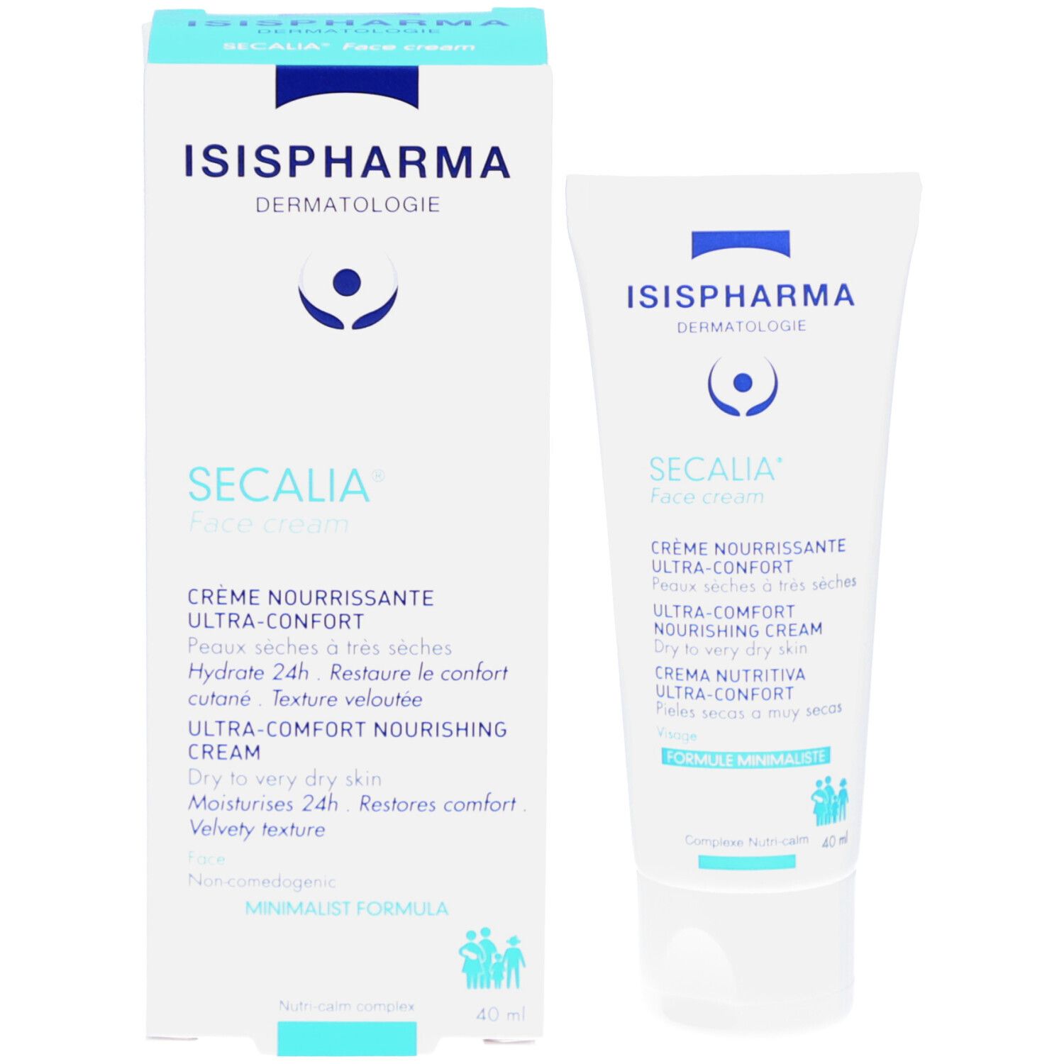 Emballage et tube. Emballage blanc avec texte bleu. SECALIA Face cream. Crème pour peaux sèches.