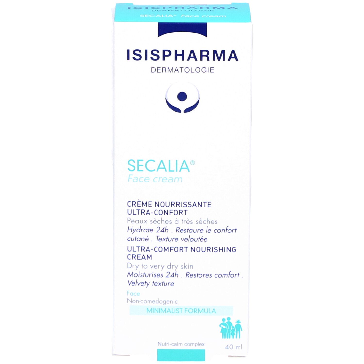 Emballage blanc avec texte bleu. Logo ISISPHARMA. SECALIA Face cream. Crème pour peaux sèches à très sèches.