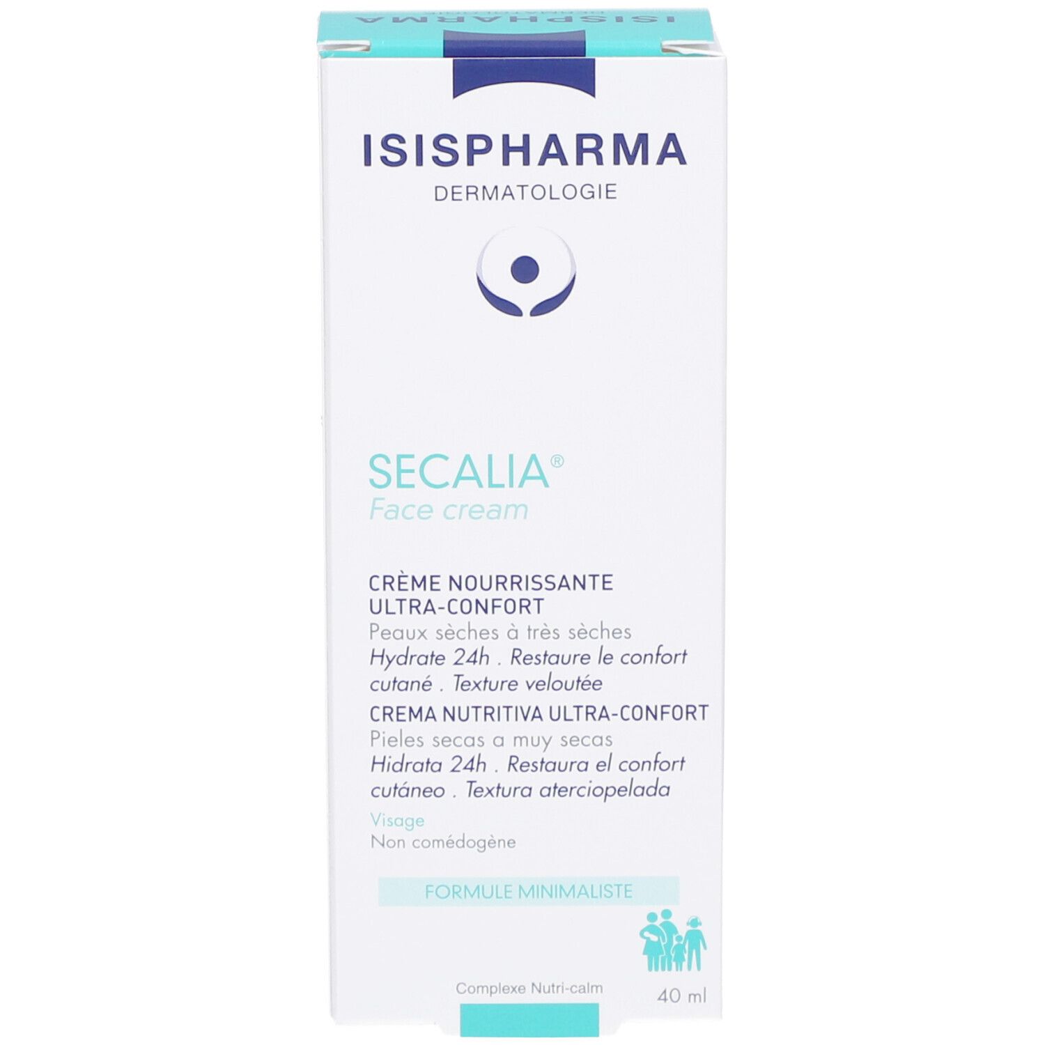 Emballage blanc avec texte bleu. Logo ISISPHARMA. SECALIA Face cream. Crème pour peaux sèches à très sèches.