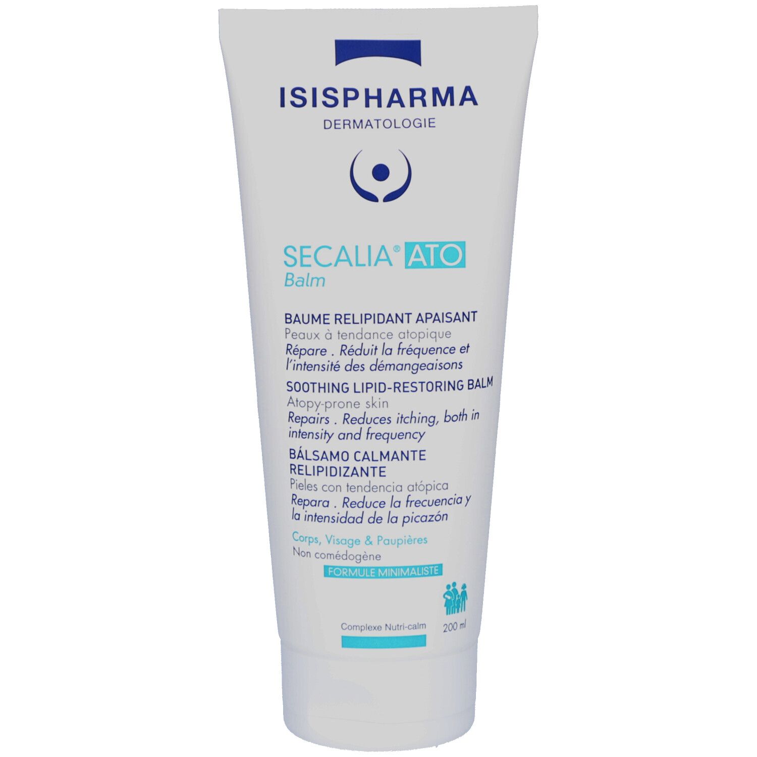 Tube blanc ISISPHARMA Secalia ATO Balm. Texte multilingue. 200ml. Pour corps, visage et paupières. Formule minimaliste.