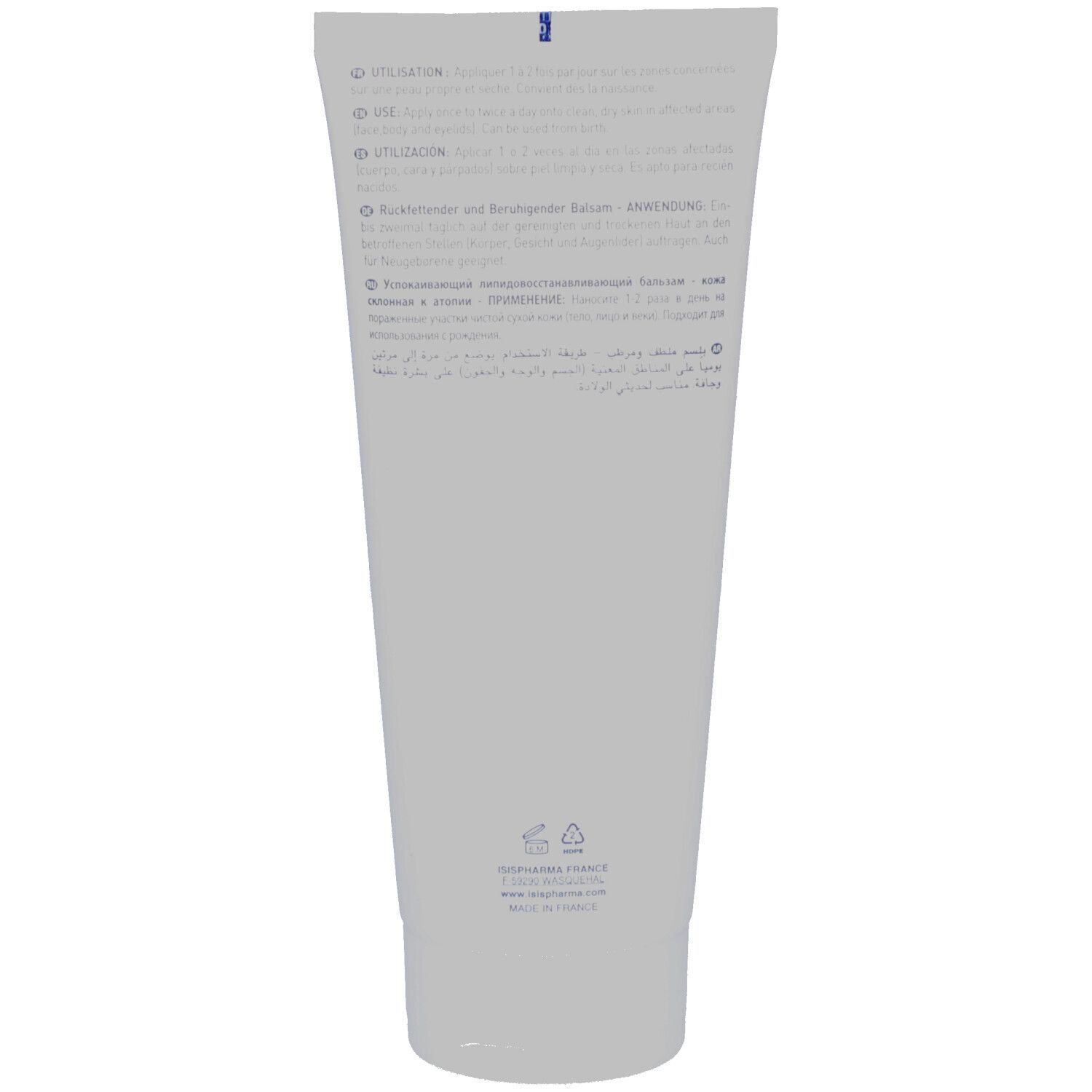 Dos d'un tube blanc. Texte multilingue. Instructions d'utilisation. Fabriqué en France. 200ml.