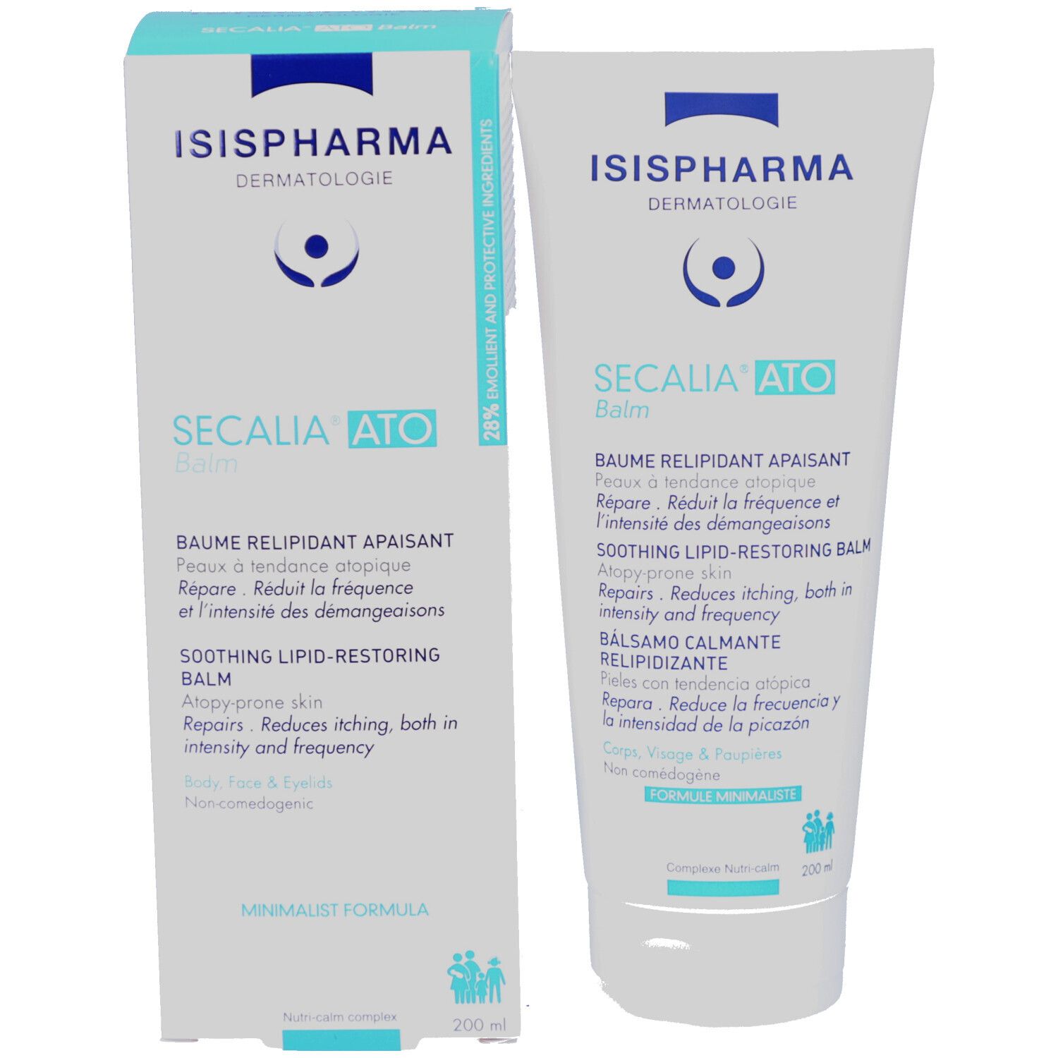 Emballage produit : tube et boîte. Logo ISISPHARMA, Secalia ATO Balm. 20% d'émollients et ingrédients protecteurs.