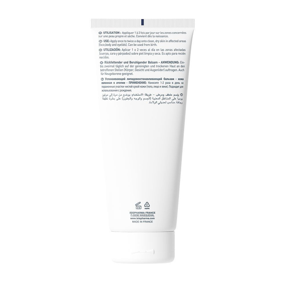 Dos d'un tube blanc. Texte multilingue. Instructions d'utilisation. Fabriqué en France. 200ml.