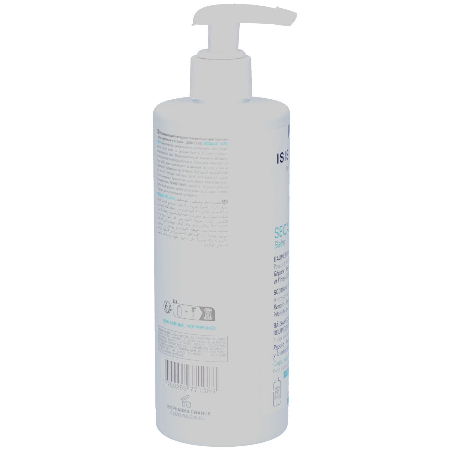 Dos d'un flacon blanc avec pompe. Texte multilingue. Code QR et code-barres.