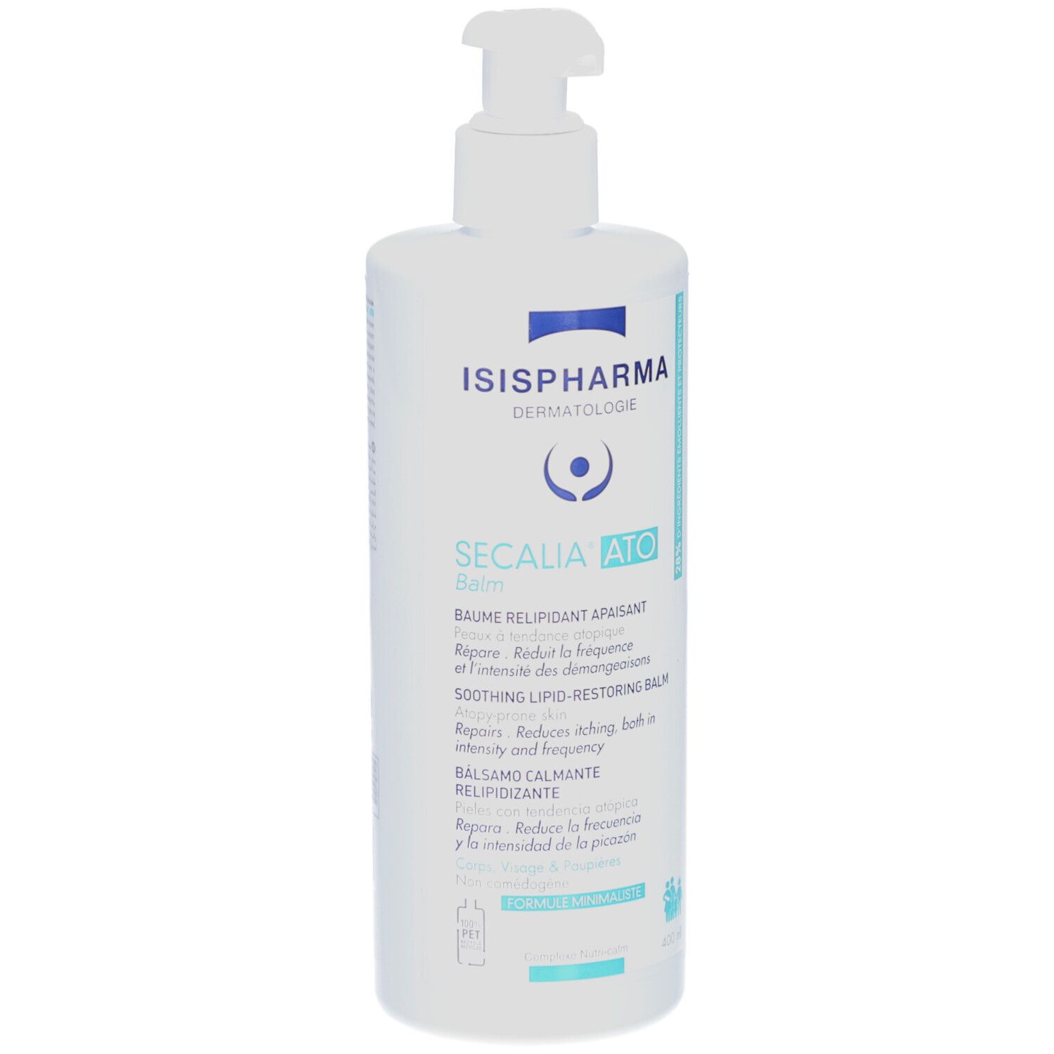 Flacon blanc avec pompe. Inscription: ISISPHARMA, Secalia Ato Balm. Texte en français et anglais.