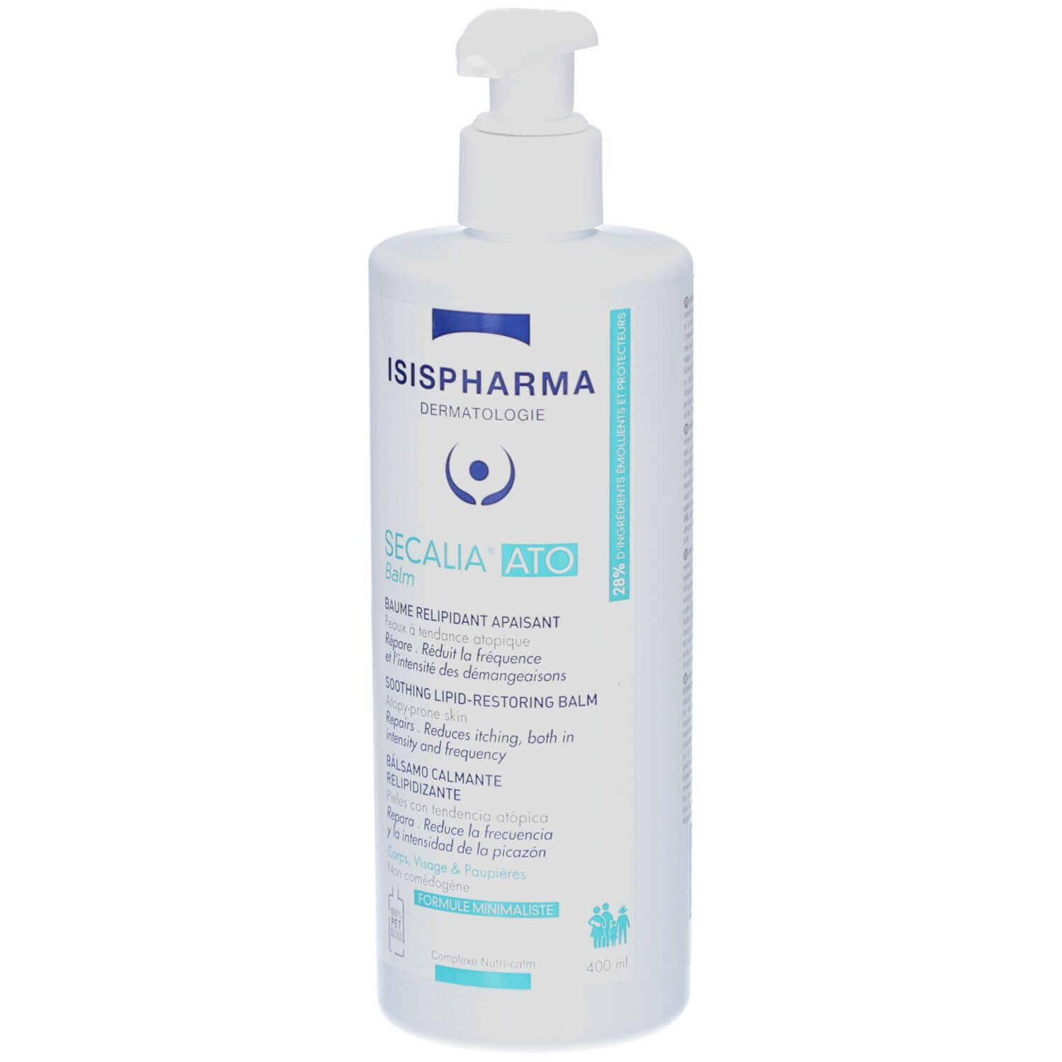 Flacon blanc avec pompe. Inscription: ISISPHARMA, Secalia Ato Balm. Texte en français et anglais.