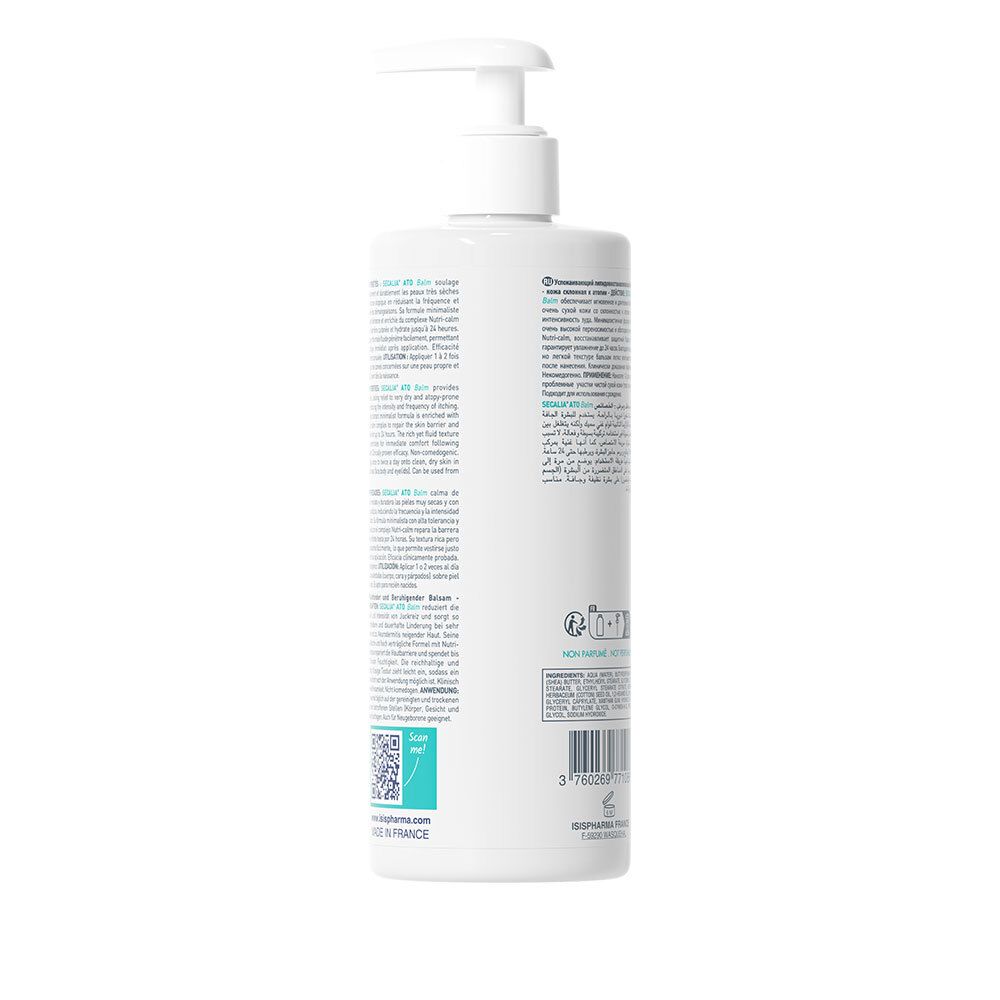 Dos d'un flacon blanc avec pompe. Texte multilingue. Code QR et code-barres.