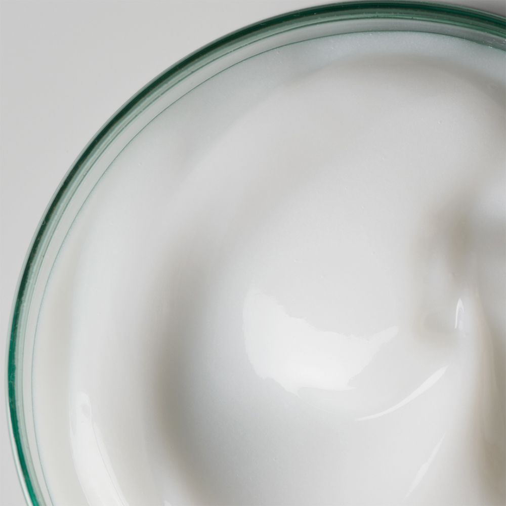 Gros plan d'une substance blanche et crémeuse dans un bol en verre avec un bord vert.