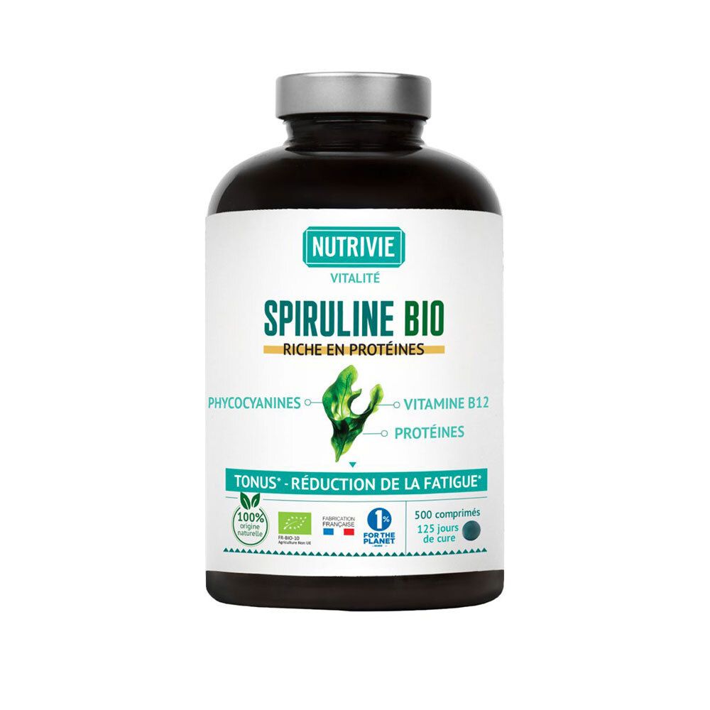 Bouteille foncée avec étiquette NUTRIVIE SPIRULINE BIO, riche en protéines, avec label Bio.