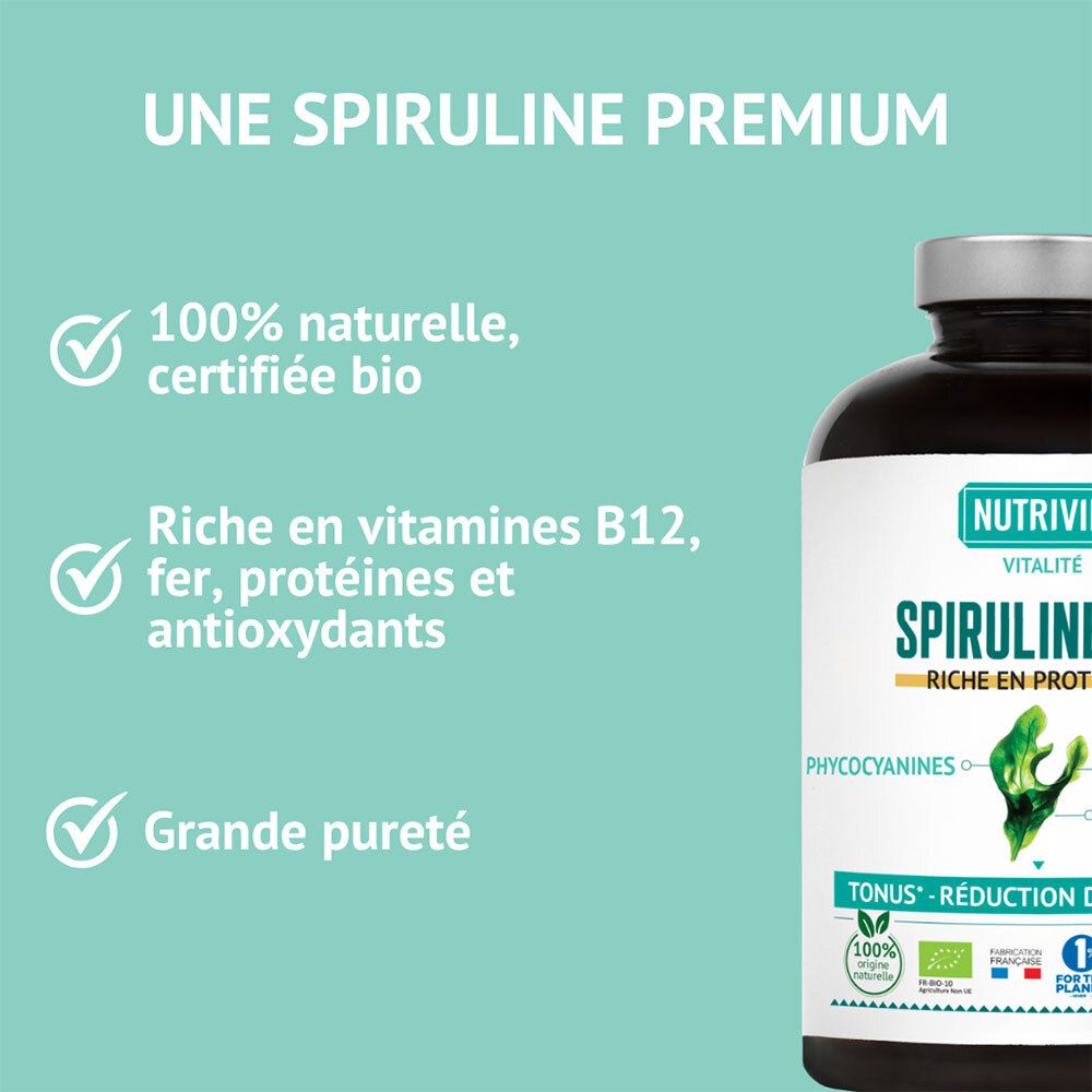 Gros plan de la bouteille NUTRIVIE SPIRULINE BIO, soulignant la qualité Bio 100% naturelle.