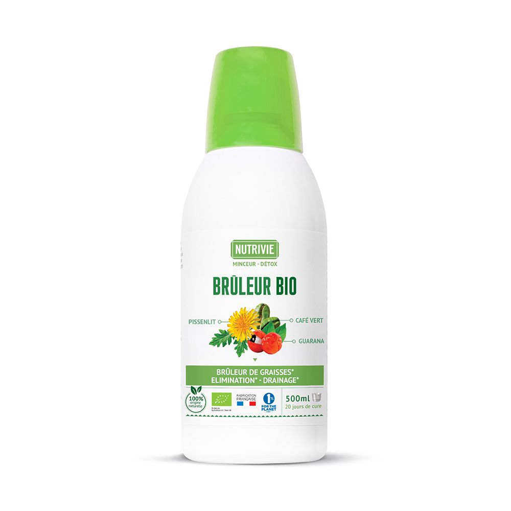 Nutrivie Brûleur Bio: Bouteille à bouchon vert, 500ml. Certification bio visible.