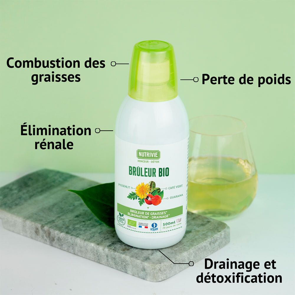 Bouteille Nutrivie Brûleur Bio avec verre et feuille. Indications: Combustion des graisses, perte de poids, élimination rénale, drainage et détoxification.
