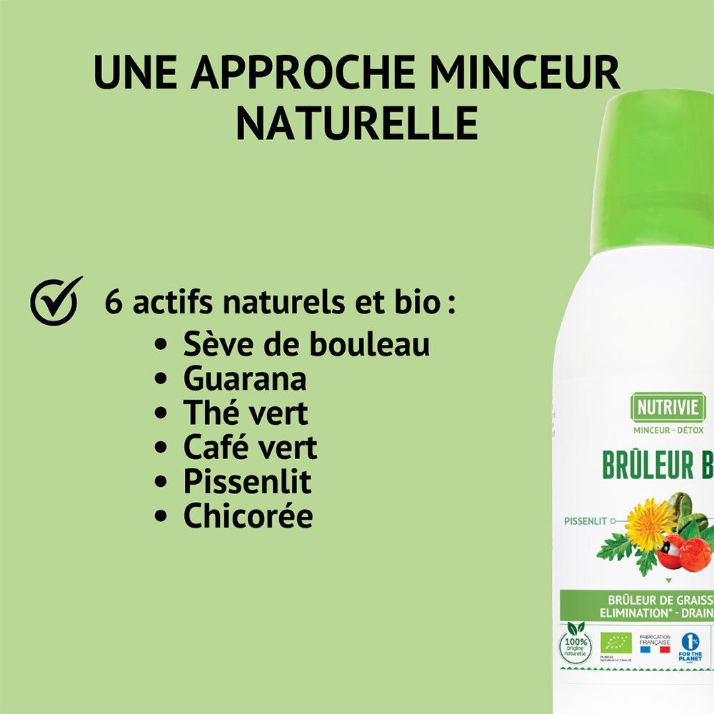Nutrivie Brûleur Bio: Approche minceur naturelle. 6 actifs bio: Sève de bouleau, guarana, thé vert, café vert, pissenlit, chicorée.