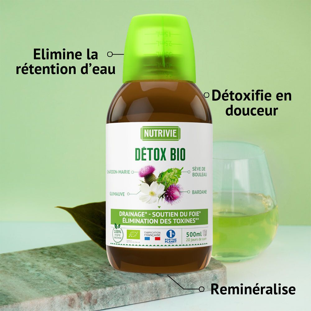 Bouteille NUTRIVIE DETOX BIO à côté d'un verre de liquide. Textes en français sur le drainage et la détoxification.