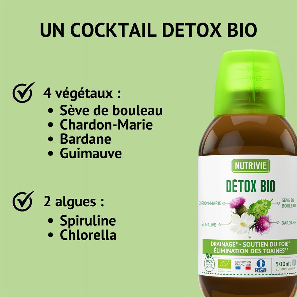 Bouteille NUTRIVIE DETOX BIO avec liste de 4 légumes et 2 algues en français. "UN COCKTAIL DETOX BIO".