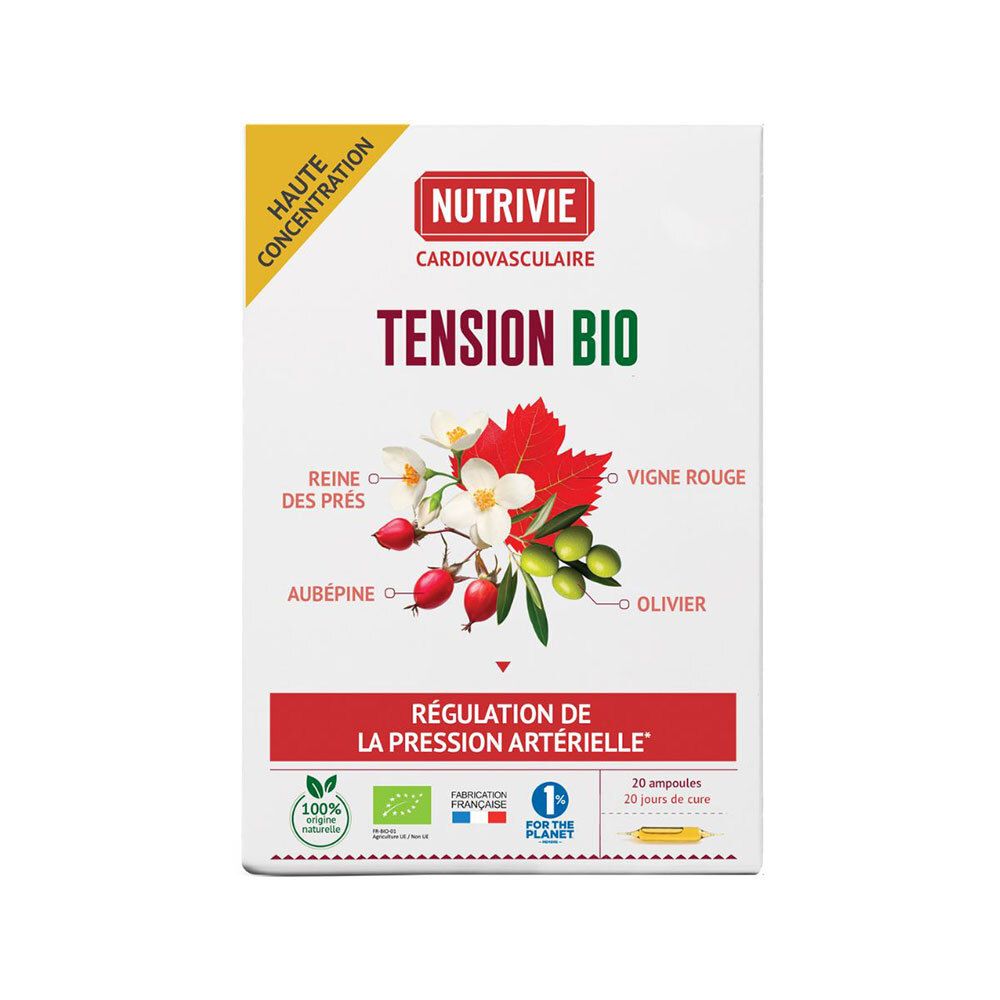 Nutrivie Tension Bio: Boîte de 20 ampoules pour la régulation de la pression artérielle. Contient des extraits de plantes.