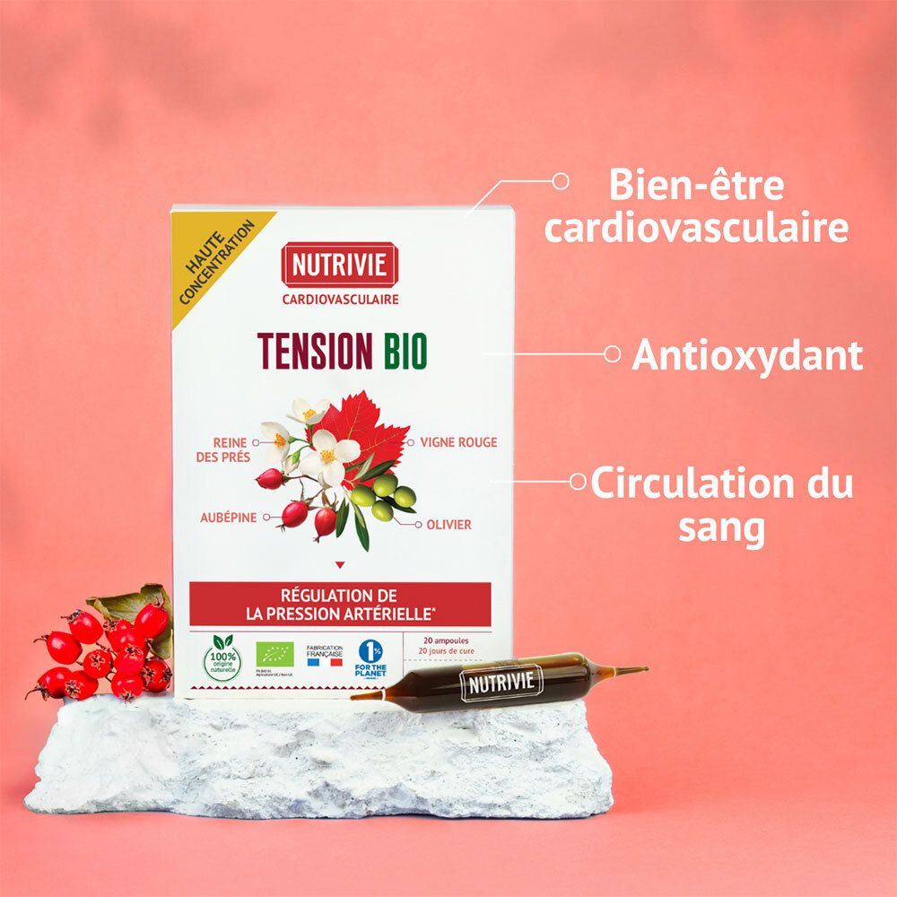Nutrivie Tension Bio: Boîte de 20 ampoules, bien-être cardiovasculaire, antioxydant, circulation. Extraits de plantes.