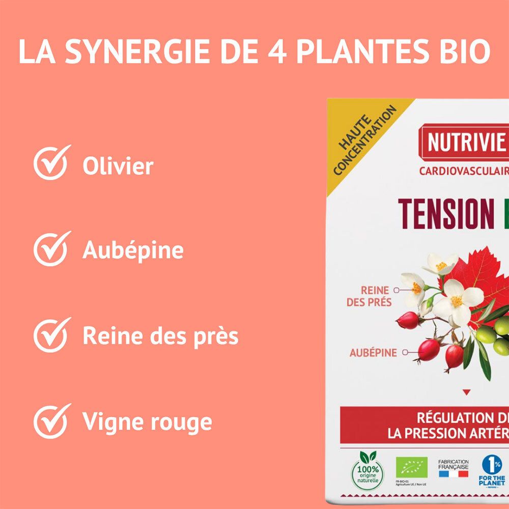 Nutrivie Tension Bio: Synergie de 4 plantes bio: Olivier, Aubépine, Reine des prés, Vigne rouge.