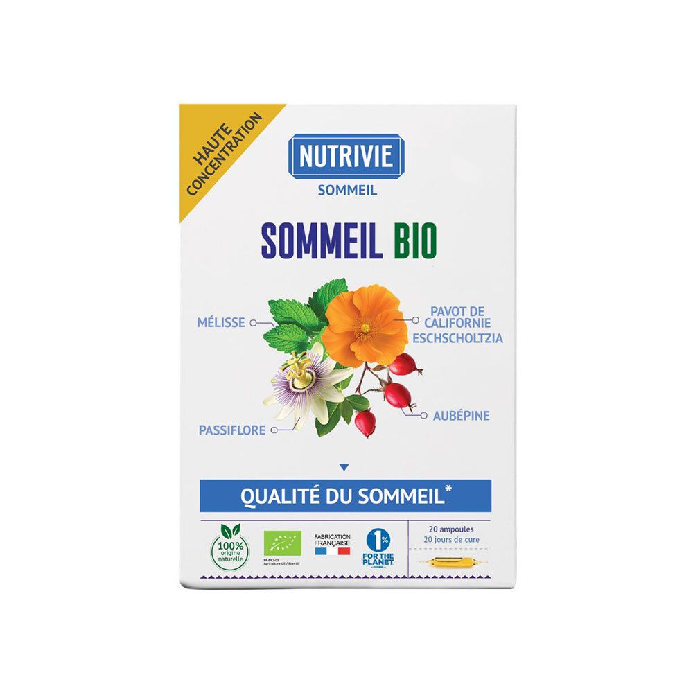 Boîte NUTRIVIE SOMMEIL BIO AMP 20 avec illustrations de plantes et logos.