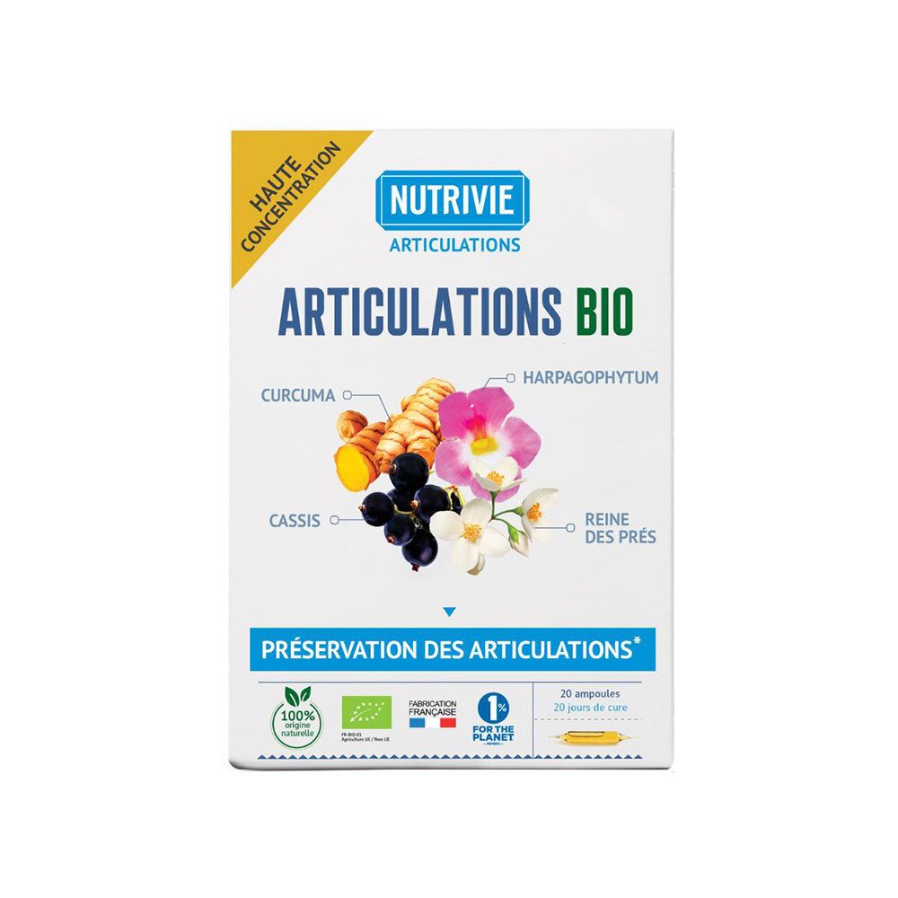 Nutrivie Articulations Bio: Boîte de 20 ampoules pour la préservation des articulations. Contient curcuma, harpagophytum, cassis et reine des prés.