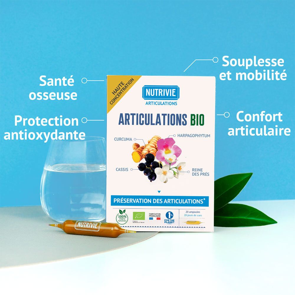 Boîte Nutrivie Articulations Bio avec ampoule, verre d'eau et feuilles. Pour la santé osseuse, la protection antioxydante, la souplesse et le confort articulaire.