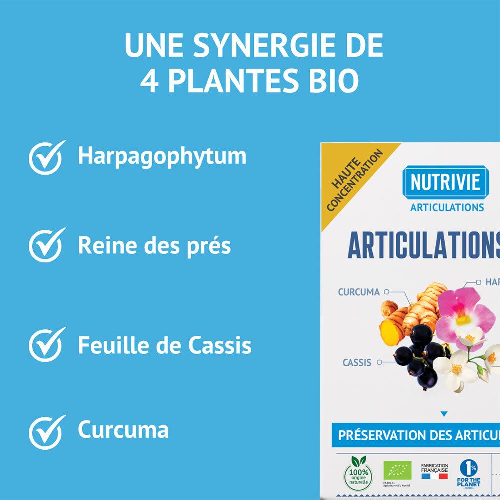 Nutrivie Articulations Bio: Synergie de 4 plantes bio. Harpagophytum, reine des prés, feuille de cassis et curcuma pour la préservation des articulations.