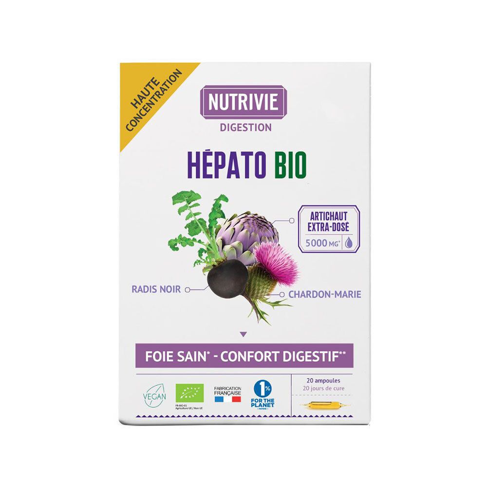 Nutrivie Hépato Bio : boîte avec artichaut, radis noir et chardon-Marie. 20 ampoules.