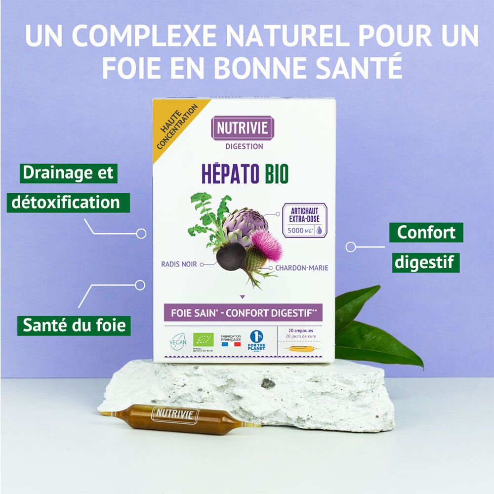 Nutrivie Hépato Bio : boîte avec artichaut, radis noir, chardon-Marie. Une ampoule posée devant.