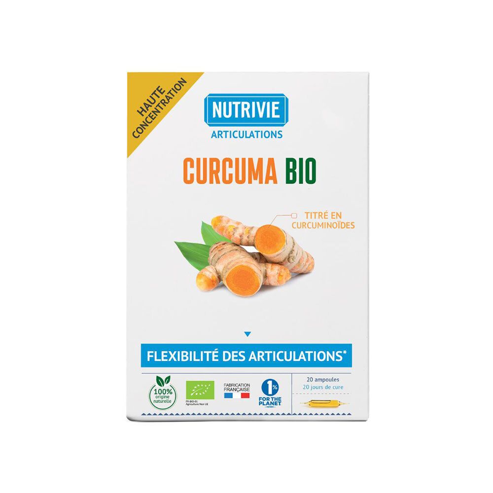 Boîte de Nutrivie Curcuma Bio pour articulations, avec des racines et feuilles de curcuma.