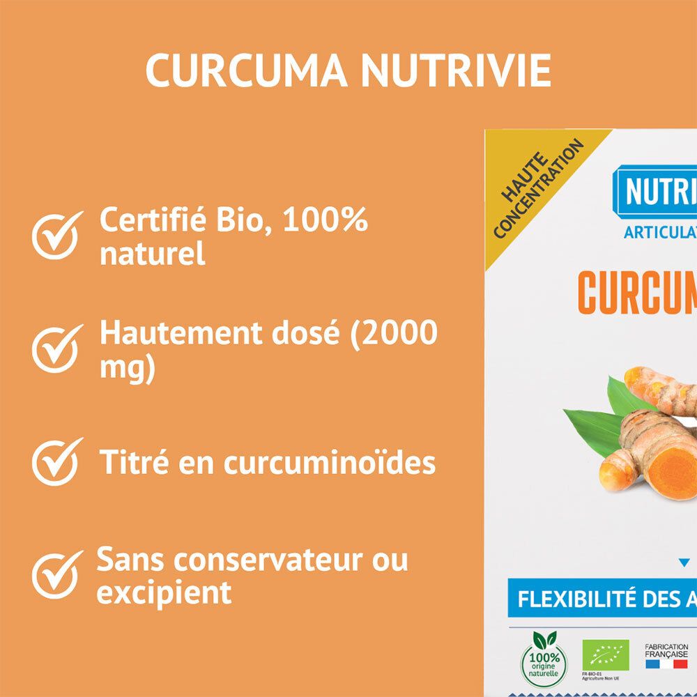 Nutrivie Curcuma Bio : Certifié Bio, haute dose, titré en curcuminoïdes.