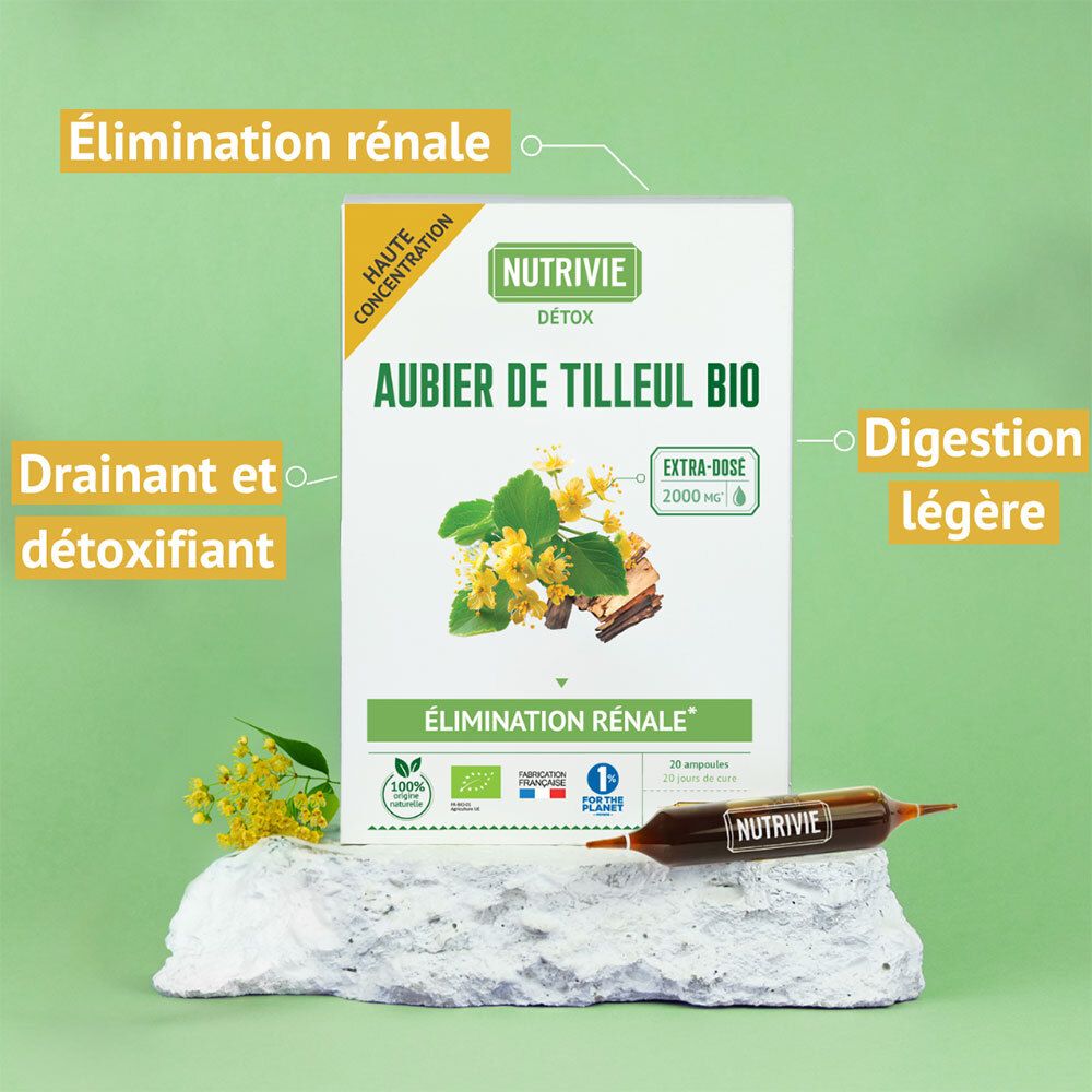 Nutrivie Aubier de Tilleul Bio: Boîte de 20 ampoules, une ampoule à côté.