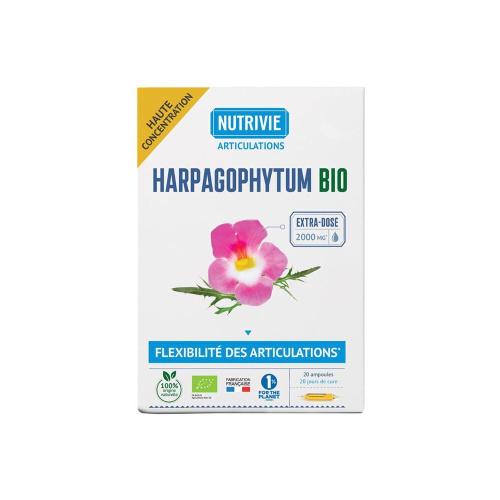 Nutrivie Harpagophytum Bio: Boîte de 20 ampoules pour articulations, avec fleur.