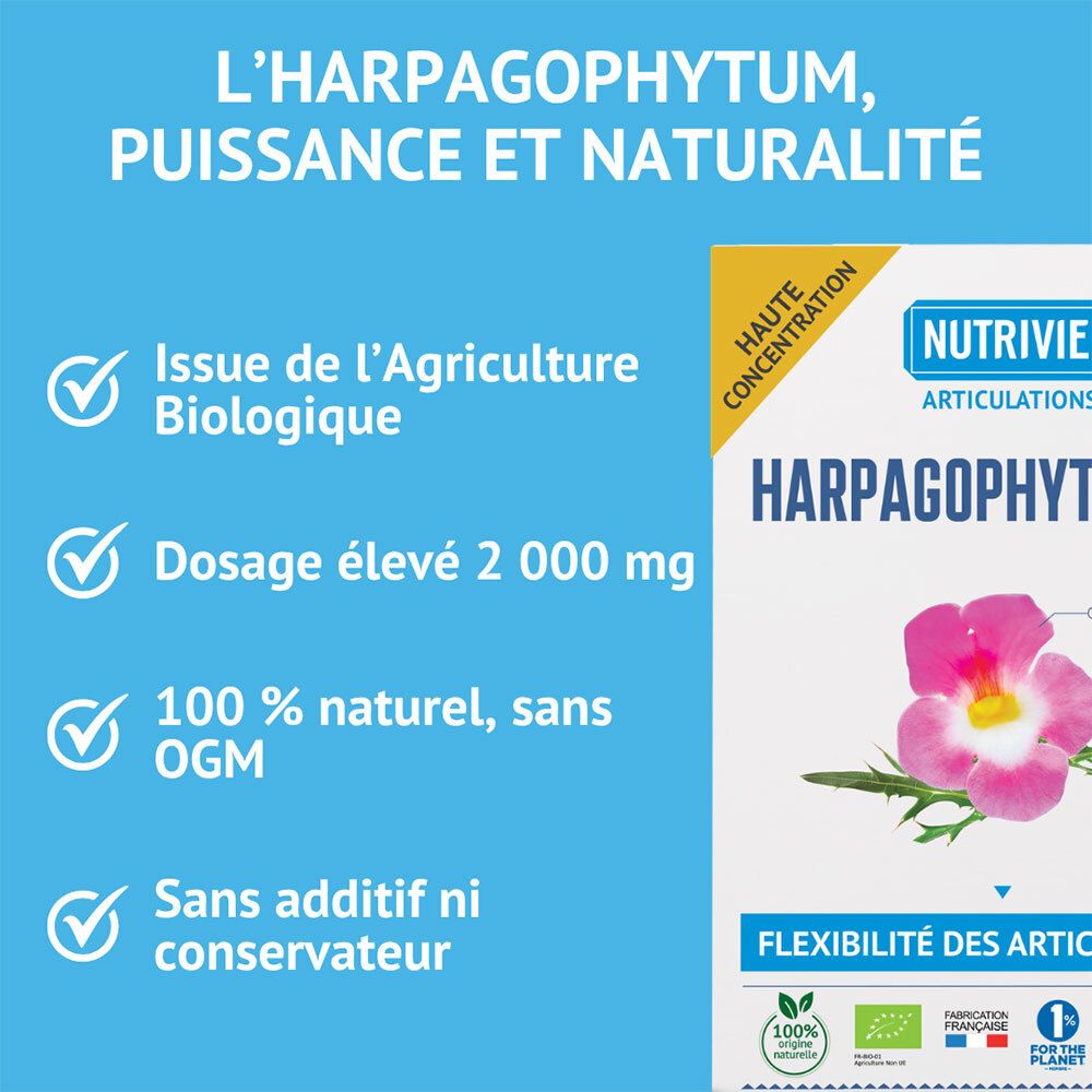 Nutrivie Harpagophytum Bio: Avantages tels que agriculture biologique, dosage élevé.
