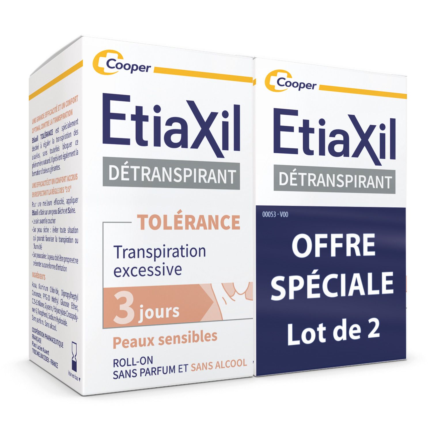 Deux boîtes EtiaXil Détranspirant. Inscription: Détranspirant, Tolérance, 3 jours, Peaux sensibles, Roll-On.