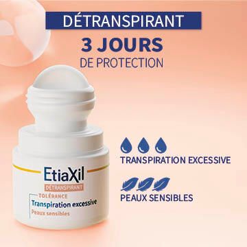 EtiaXil Détranspirant Roll-On. Texte: Détranspirant, 3 jours de protection, Transpiration excessive, Peaux sensibles.