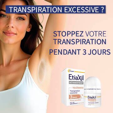 Femme avec bras. Texte: Arrêtez votre transpiration pendant 3 jours. EtiaXil Détranspirant et emballage.