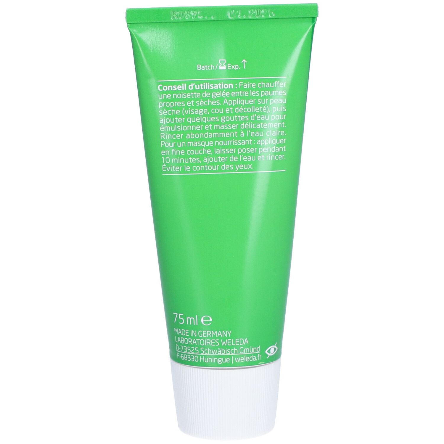 Dos du tube vert. Texte: Conseils d'utilisation, 75ml, Made in Germany, Laboratoires Weleda.