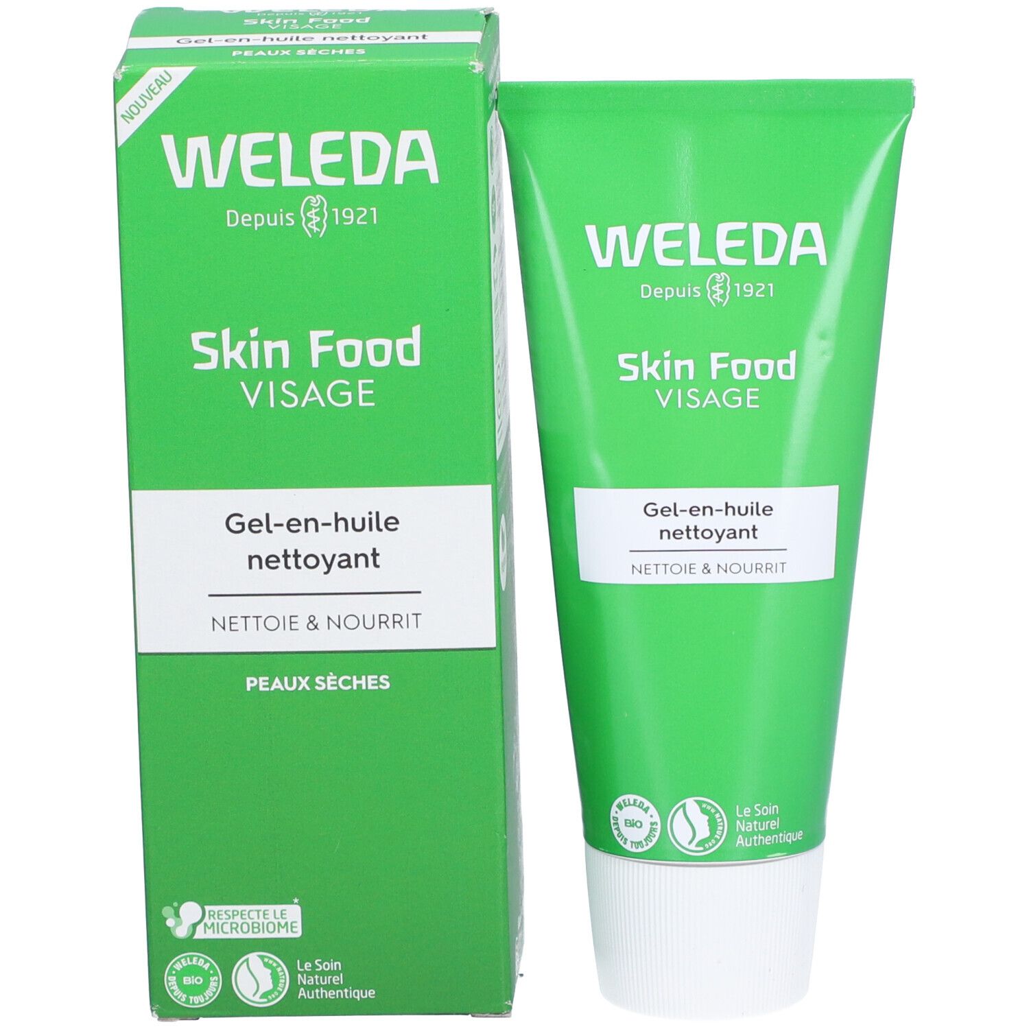 Boîte et tube verts. Inscriptions: Weleda, Skin Food Visage, Gel-en-huile nettoyant. Peaux sèches.