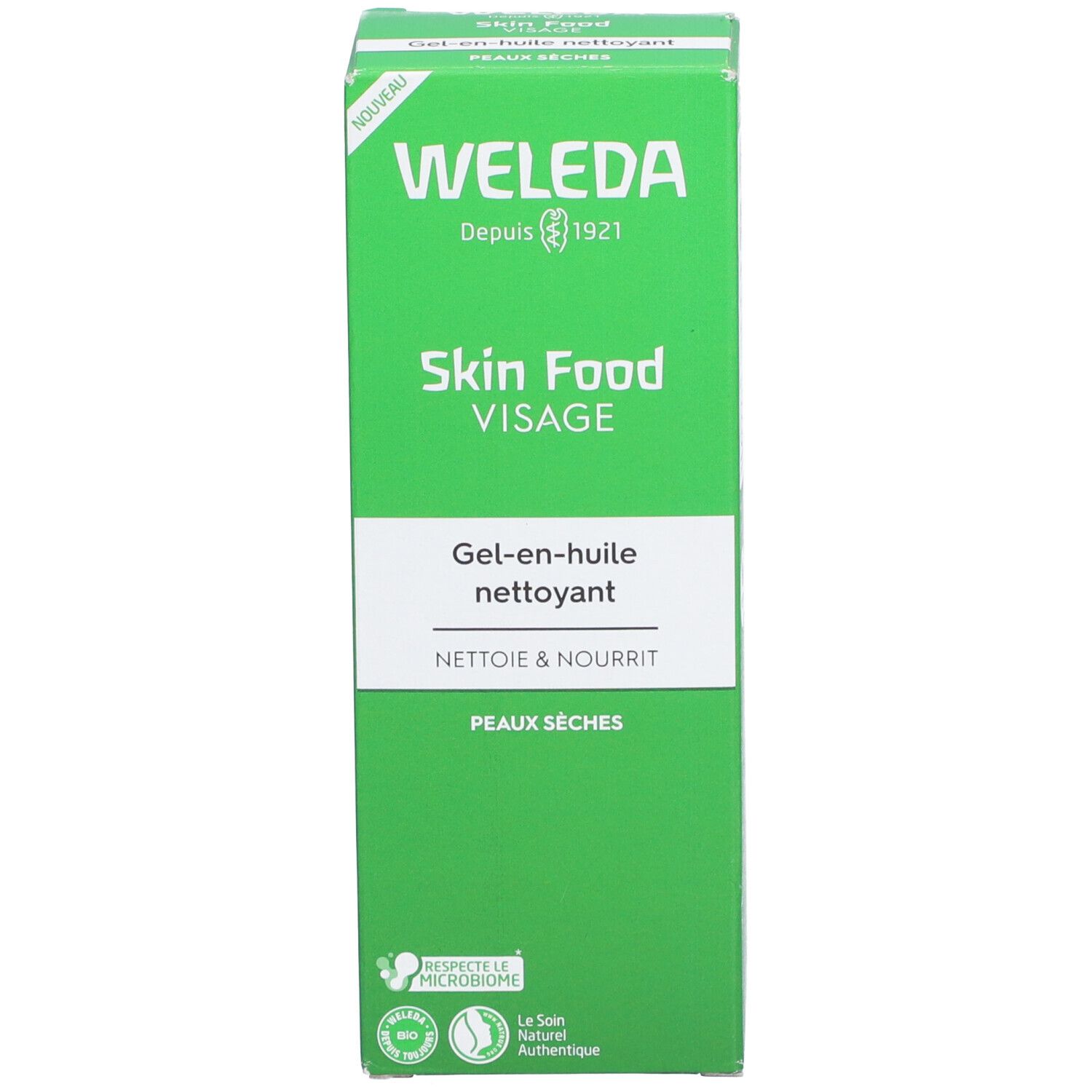 Boîte verte. Inscriptions: Weleda, Skin Food Visage, Gel-en-huile nettoyant. Peaux sèches. Logos.