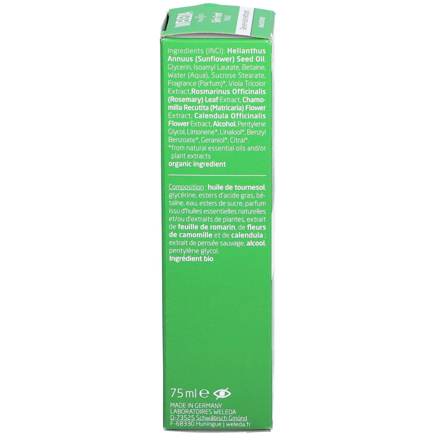 Dos de la boîte verte. Texte: Ingrédients, 75ml. Logos.