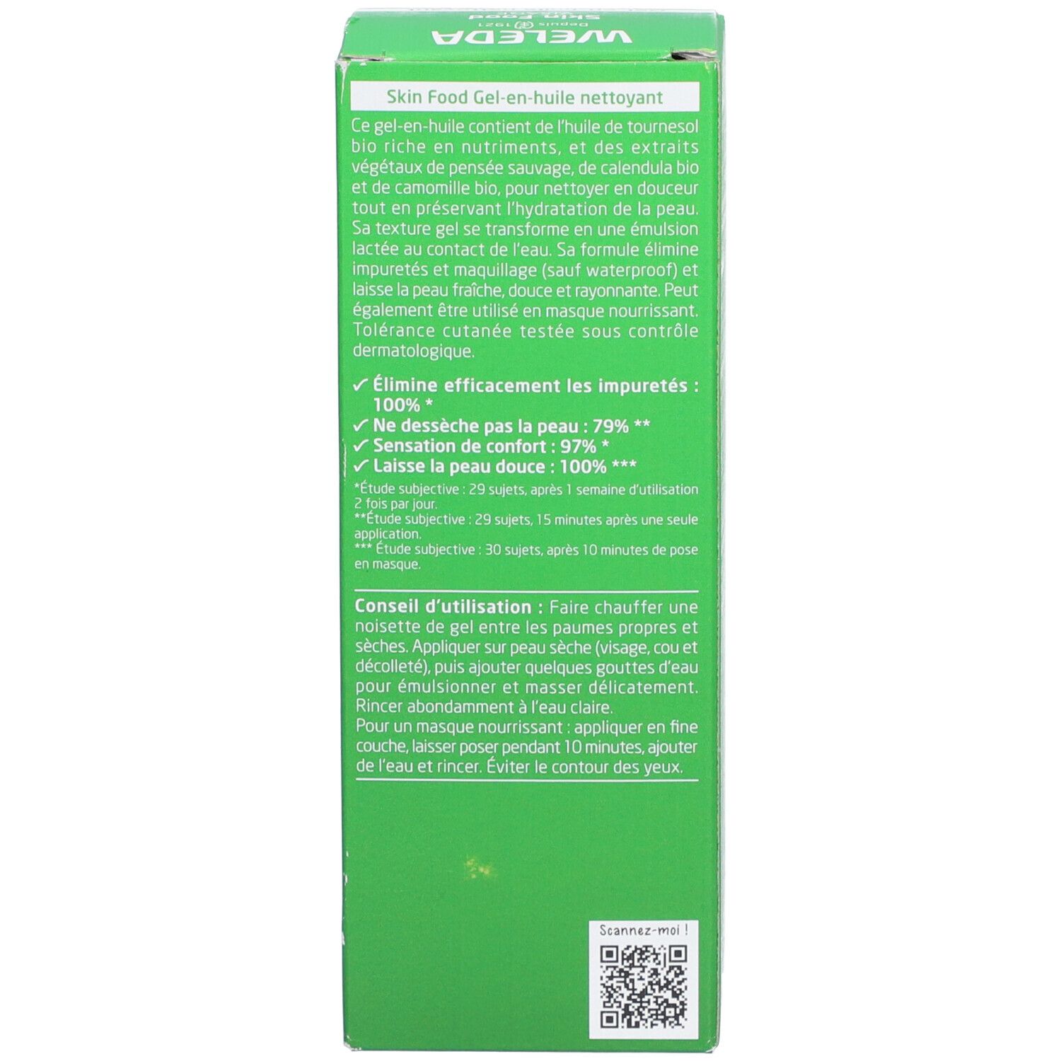 Côté de la boîte verte. Texte: Skin Food Gel-en-huile nettoyant, conseils d'utilisation, résultats des tests.