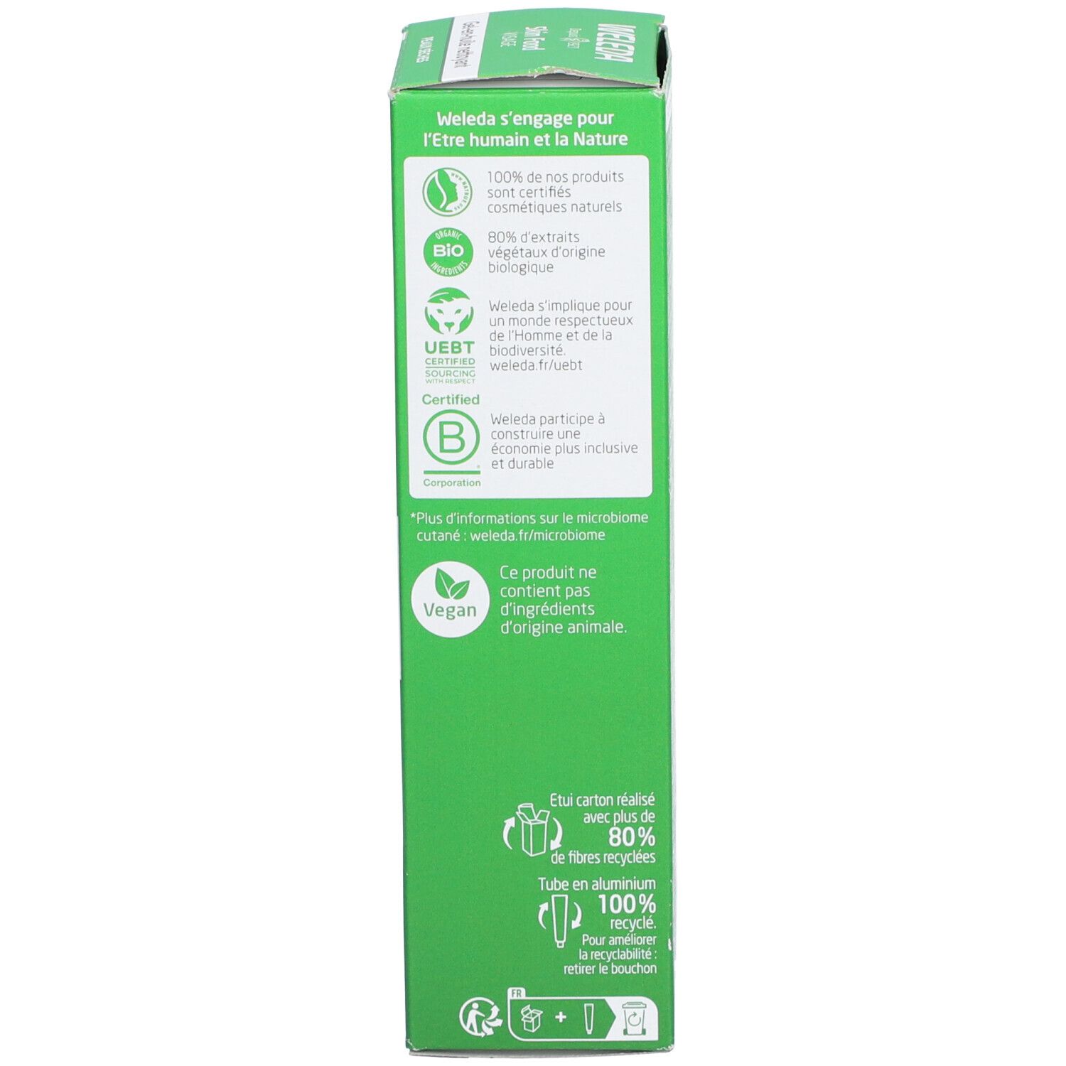 Côté de la boîte verte. Texte: Weleda, certification bio, Vegan, informations de recyclage.
