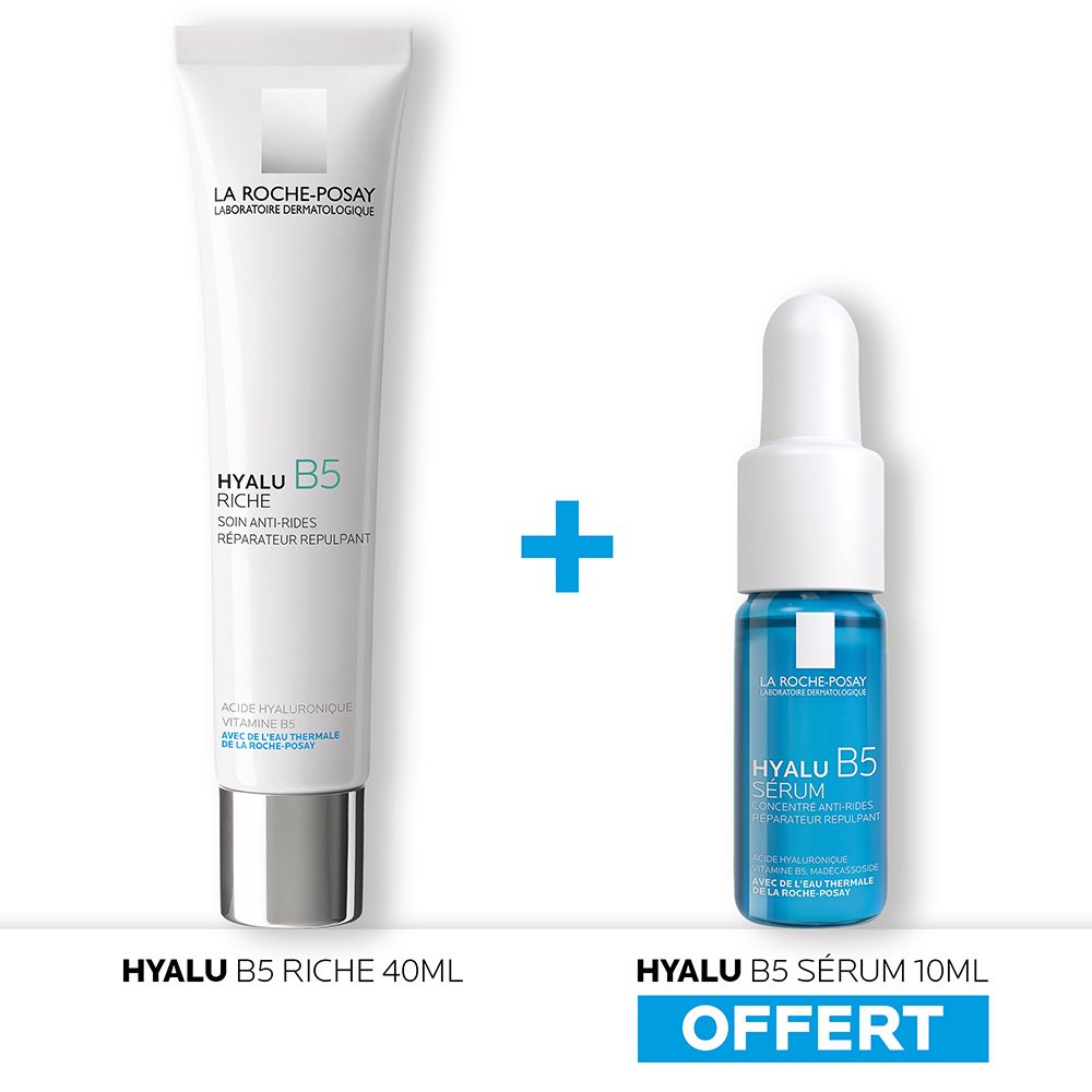 LA ROCHE-POSAY Hyalu B5 Riche et sérum. Tube blanc et flacon bleu. Les deux produits sont reliés par un signe plus.